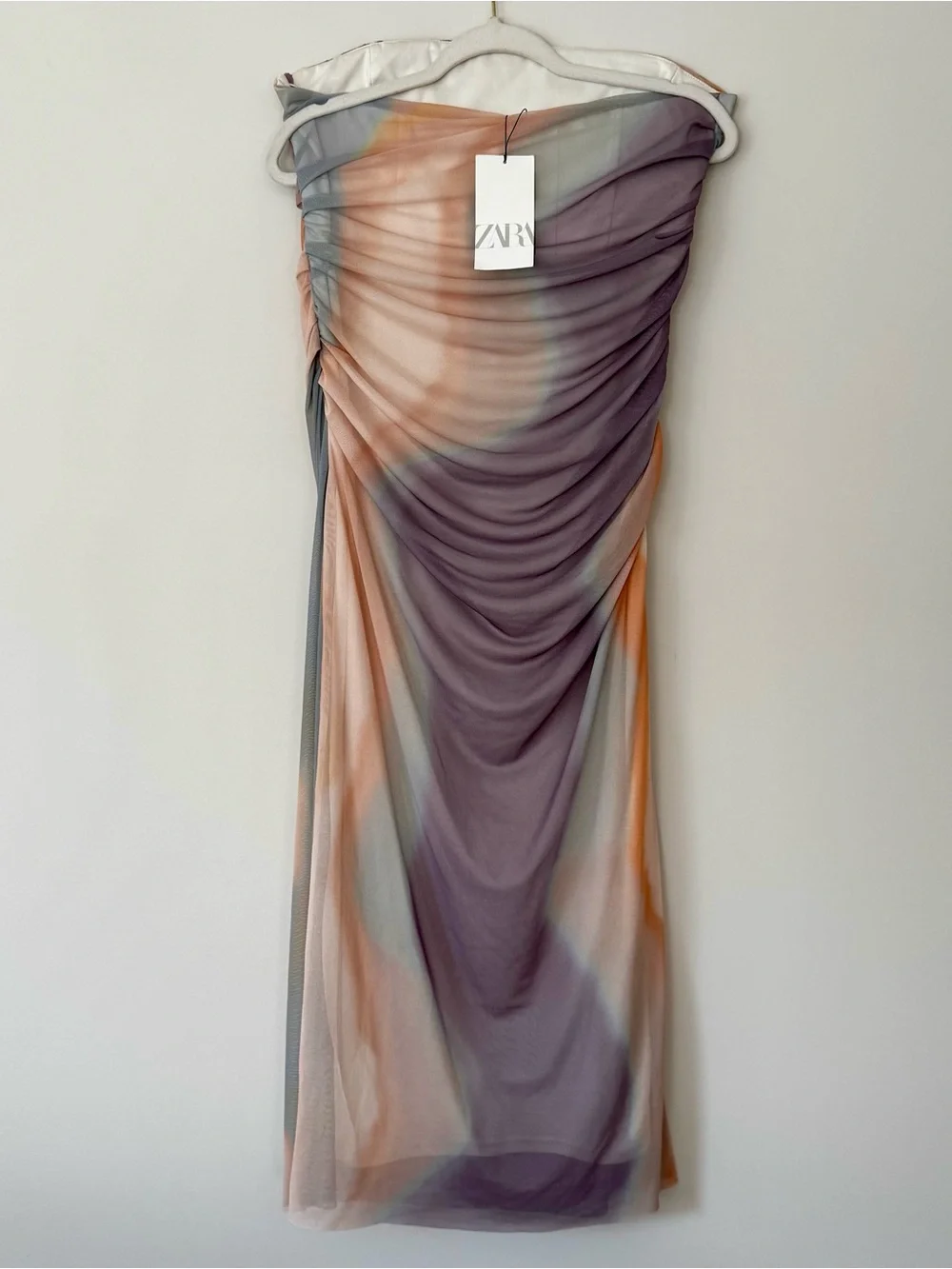 NWT Zara Strapless Printed Ruched Tulle Mesh Midi Dress, Cream Watercolor – L